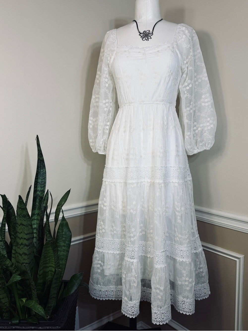 Collective Story Dress Midi White Sheer Floral Embroidered & Lace 3/4 Sleeve